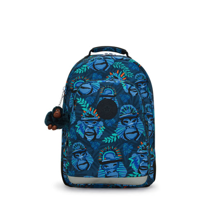 Blue backpack with jungle monkey print, front pocket, top handle and adjustable straps.