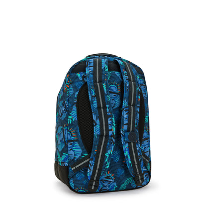 Blue monkey-print backpack with padded back and two webbing shoulder straps.