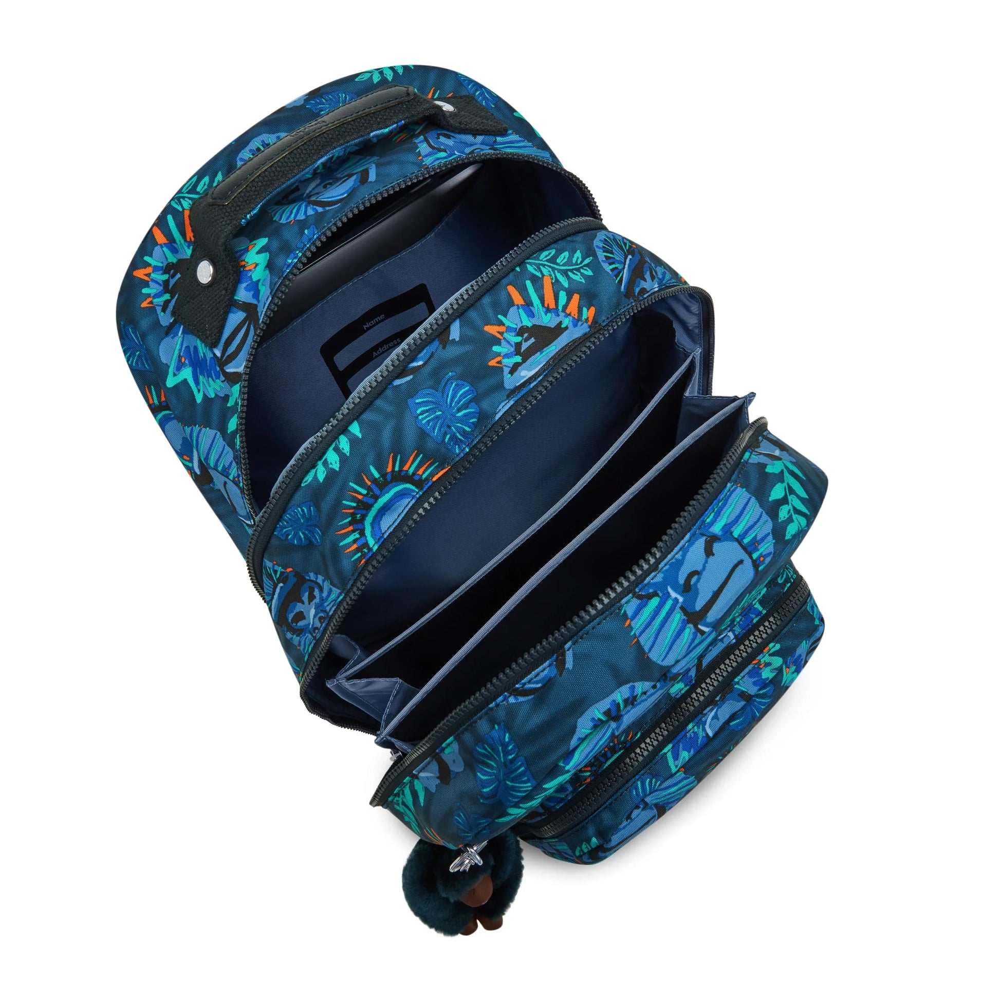 Blue backpack open view showing interior pockets and zipper, jungle monkey pattern.