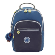 Blue small Kipling backpack with front zip pocket and plush keychain charm