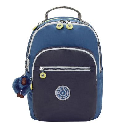 Blue small Kipling backpack with front zip pocket and plush keychain charm