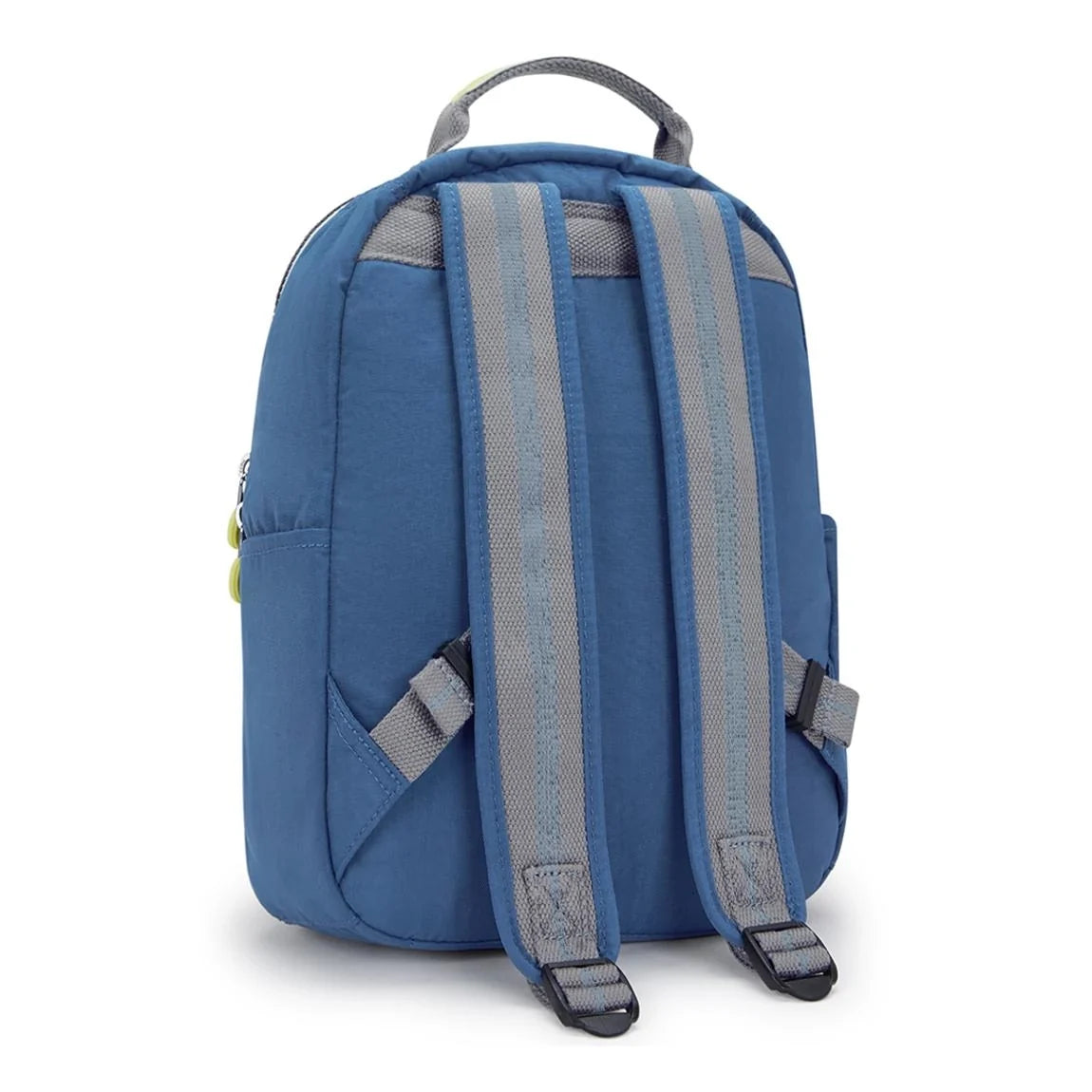 Blue small backpack back view with striped padded panel and adjustable straps