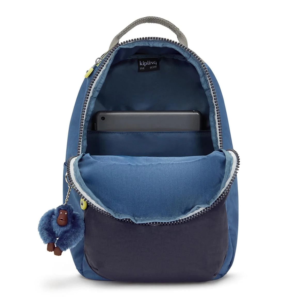 Blue small backpack with open top showing inner pocket and zipper closure