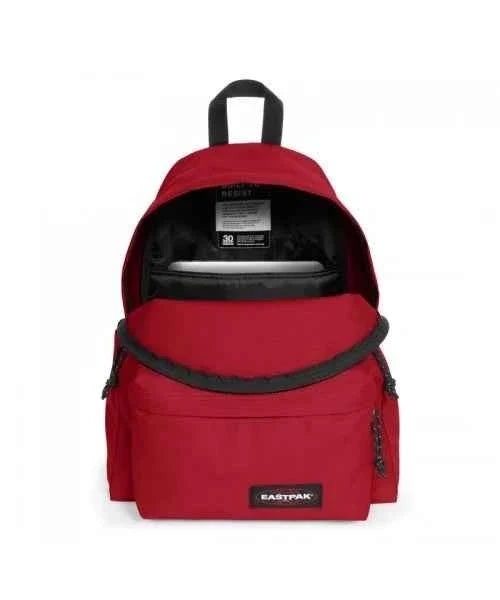Red backpack with front zip pocket and black top handle