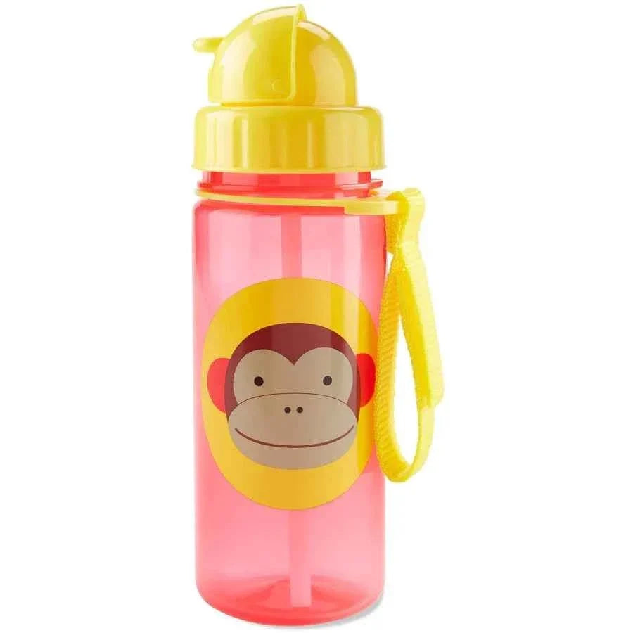 Children's monkey-themed straw water bottle with yellow lid and handle strap