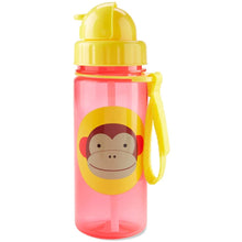 Pink translucent straw bottle with yellow monkey face and flip-top lid.