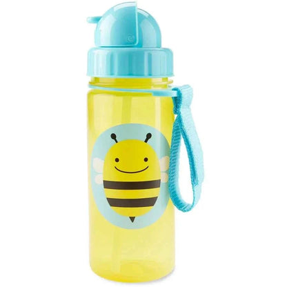 Kids yellow bee water bottle with blue lid and blue handle strap