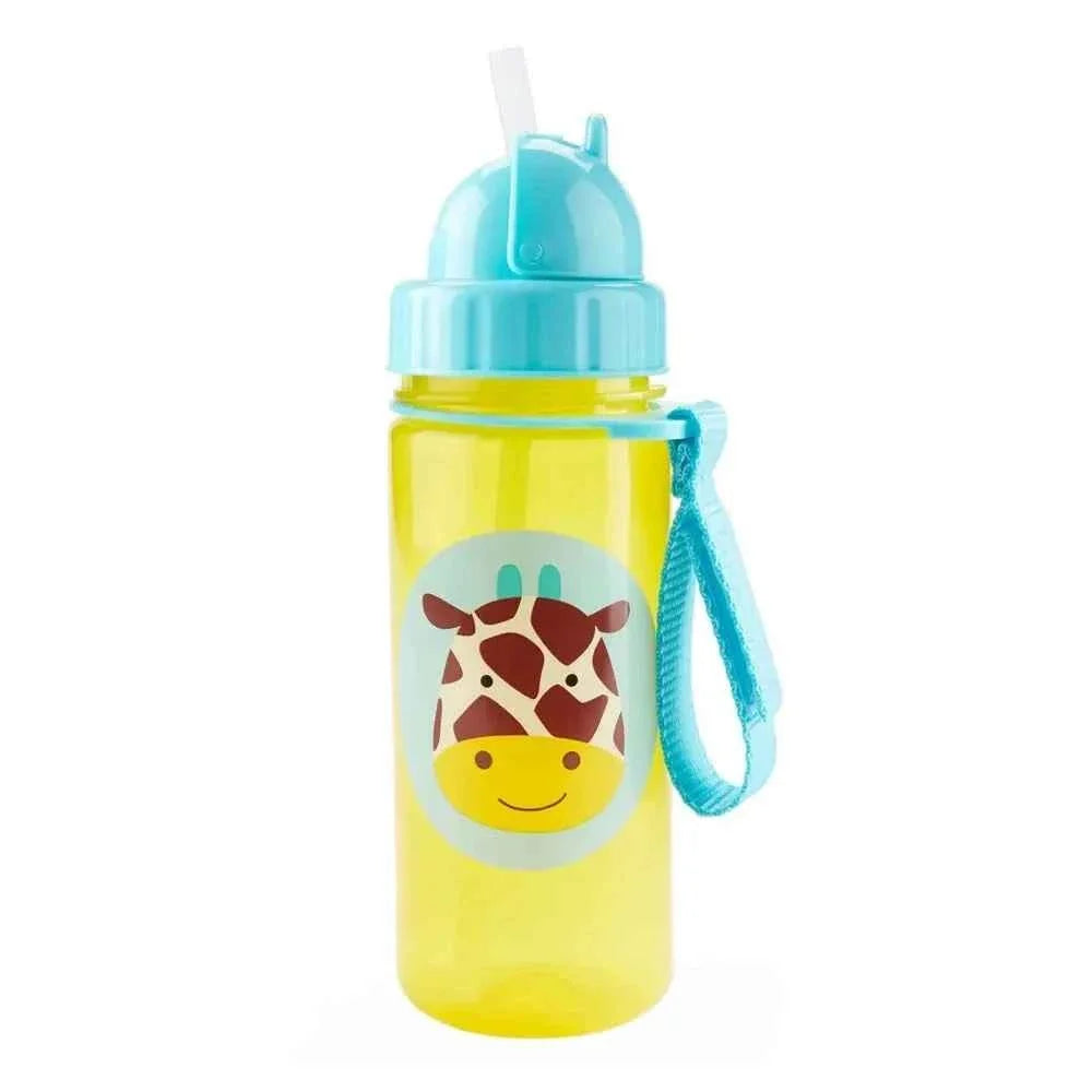 Kids animal water bottle with blue lid and yellow body, featuring smiling face graphic