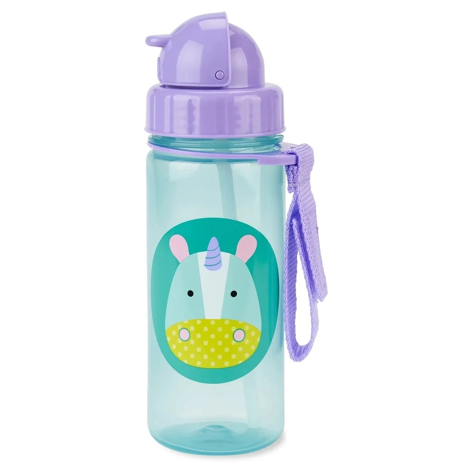 Skip Hop unicorn animal straw bottle, light aqua with purple lid and handle strap