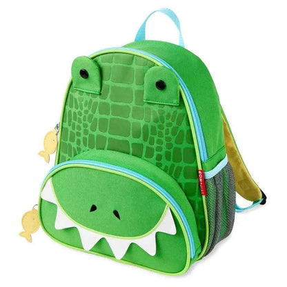 Kids crocodile backpack, green with stitched scales, blue trim, mesh side pocket