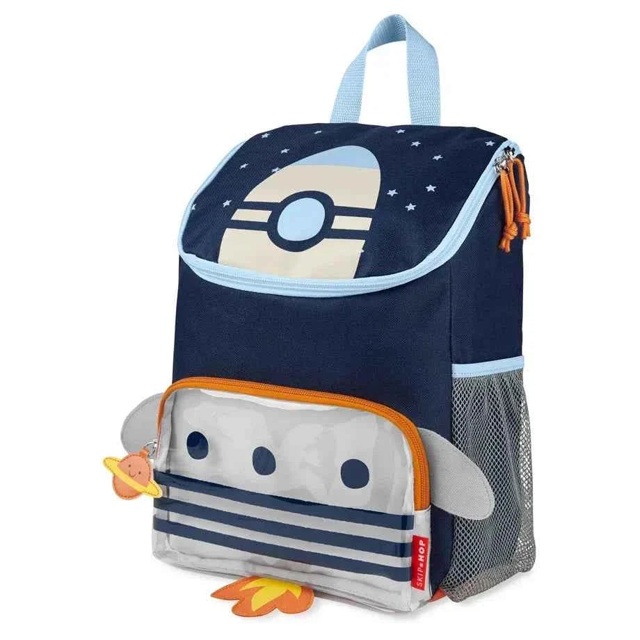 Kids rocket backpack with navy body, light blue trim, orange zipper pull, mesh side pocket