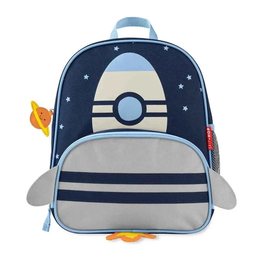Rocket theme kids backpack in navy with gray front panel and side wings