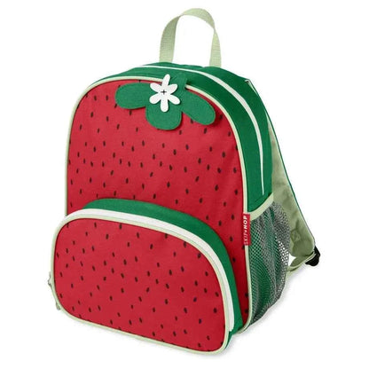 Strawberry little kid backpack with front pocket, green trim, and top handle
