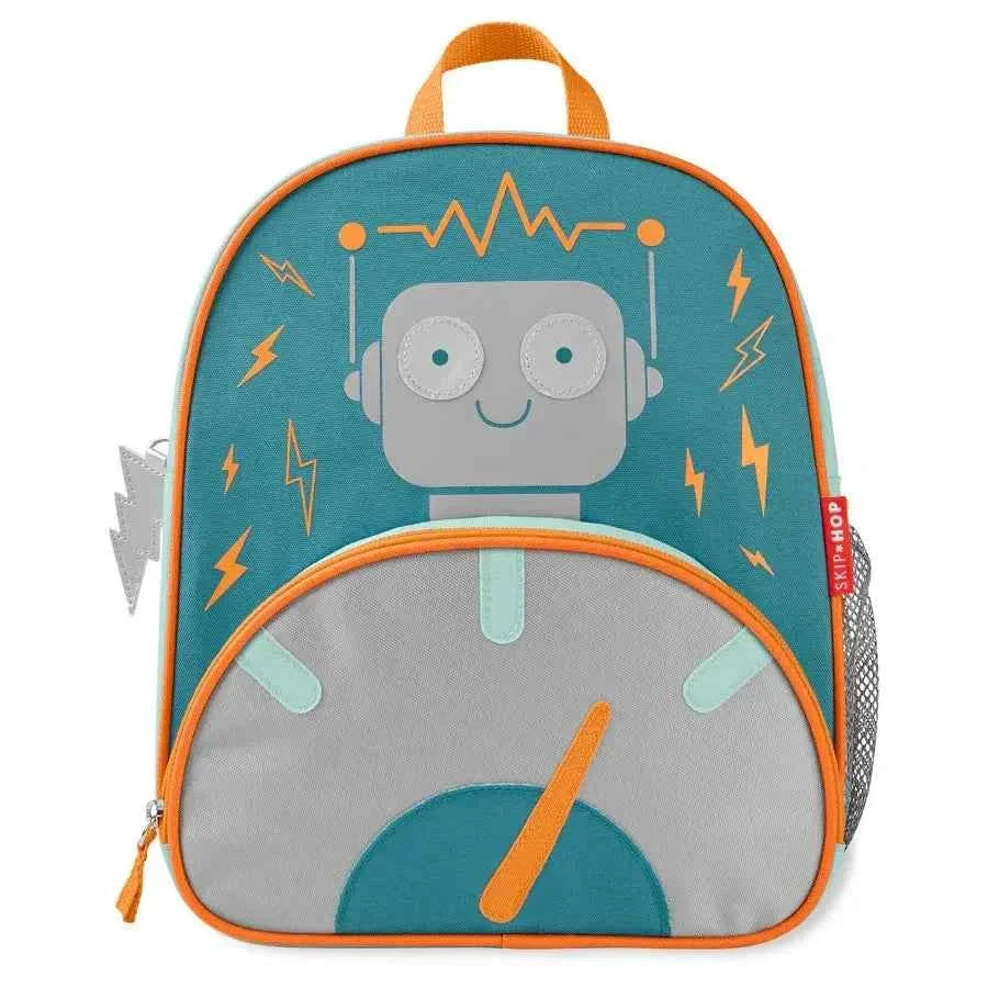 Kids robot backpack, teal front panel with orange zipper trim