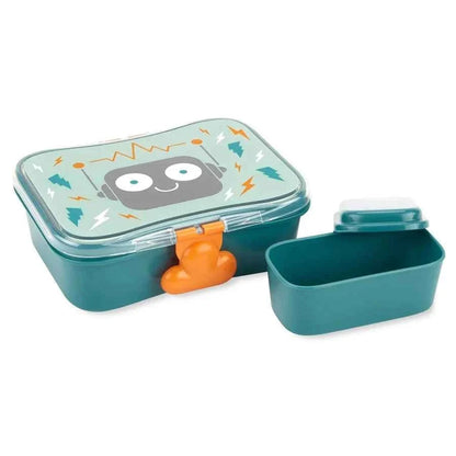 Insulated robot lunch box with teal compartments and matching lid