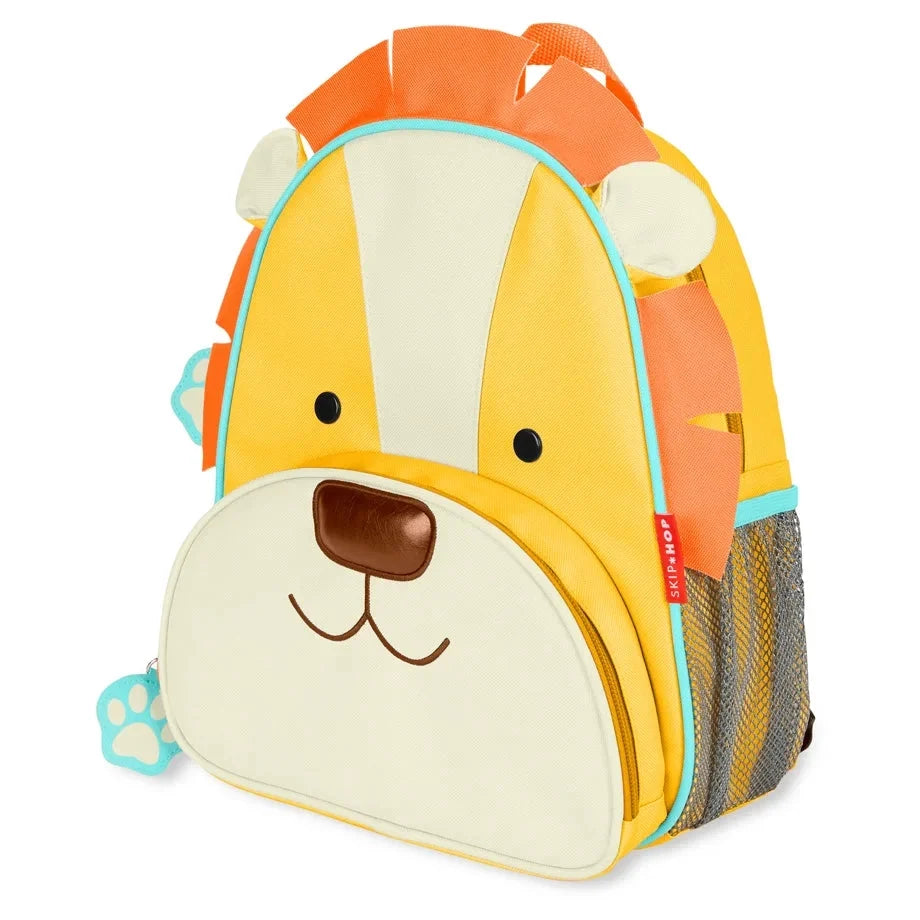 Lion-shaped kids backpack with orange and yellow panels, front zip, padded straps