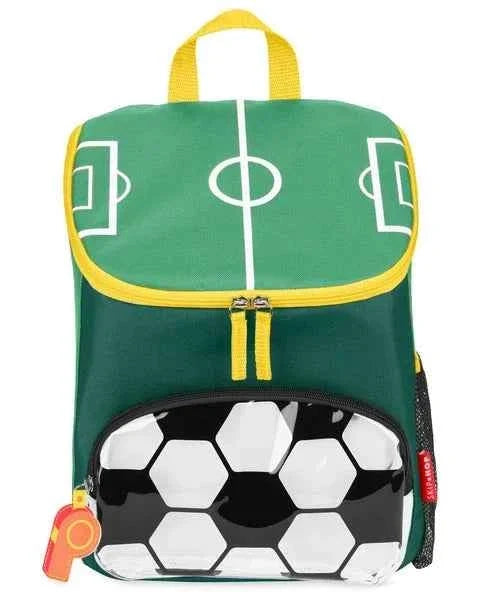 Green kids football backpack with yellow handles and soccer ball front panel
