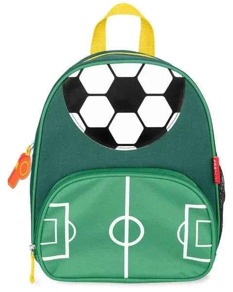 Green kids football backpack with yellow handle and front field graphic
