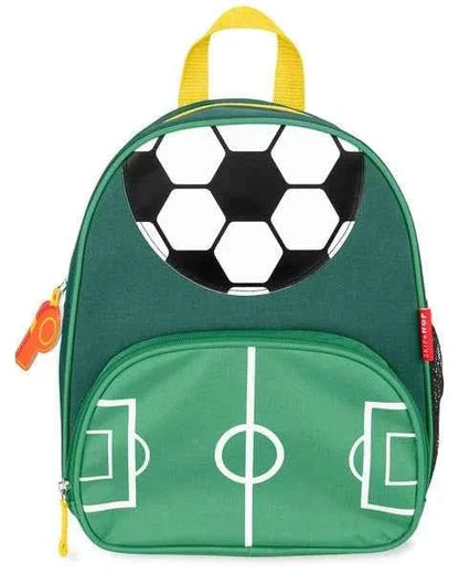 Green kids football backpack with yellow handle and front field graphic