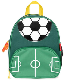 Green kids backpack with yellow handle, football graphic flap, and front zip pocket