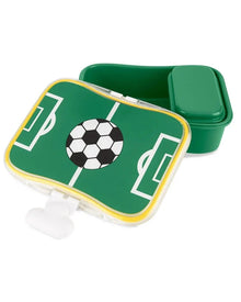 Green lunch kit container with football graphic, hinged lid open and matching lid compartment