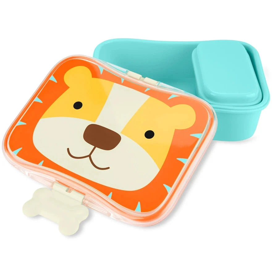 Lion-themed divided lunch container with clear lid and turquoise snap-on top