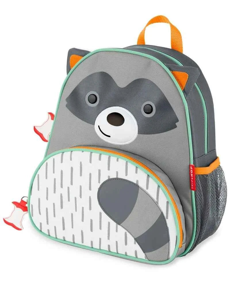Kids' animal backpack, gray raccoon face design with orange accents, front zip pocket.