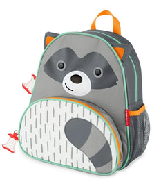 Kids raccoon backpack with gray face, mint green trim, orange straps, front zipper pocket