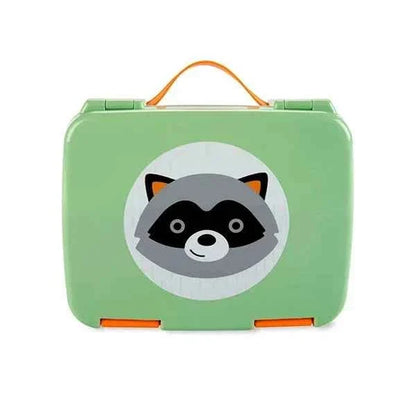 Green bento lunch box with raccoon character face on front, hinged lid and handle