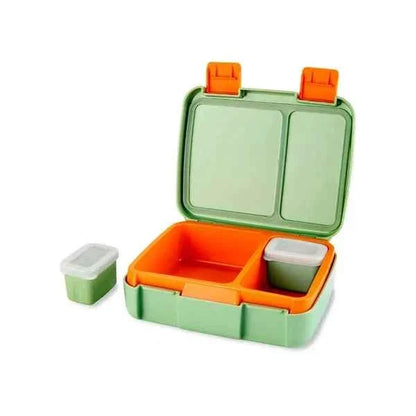 Olive bento lunch box with orange latches, open divided base and small side cup