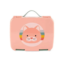 Pink cat-themed bento lunch box with carry handle and smiling face graphic