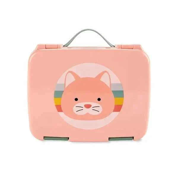 Pink bento lunch box with cat character face on front, hinged lid and carry handle