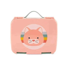 Pink bento lunch box with cat character face on front, hinged lid and carry handle