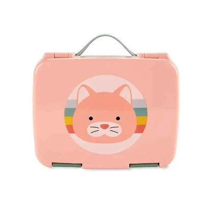 Pink bento lunch box with cat character face on front, hinged lid and carry handle