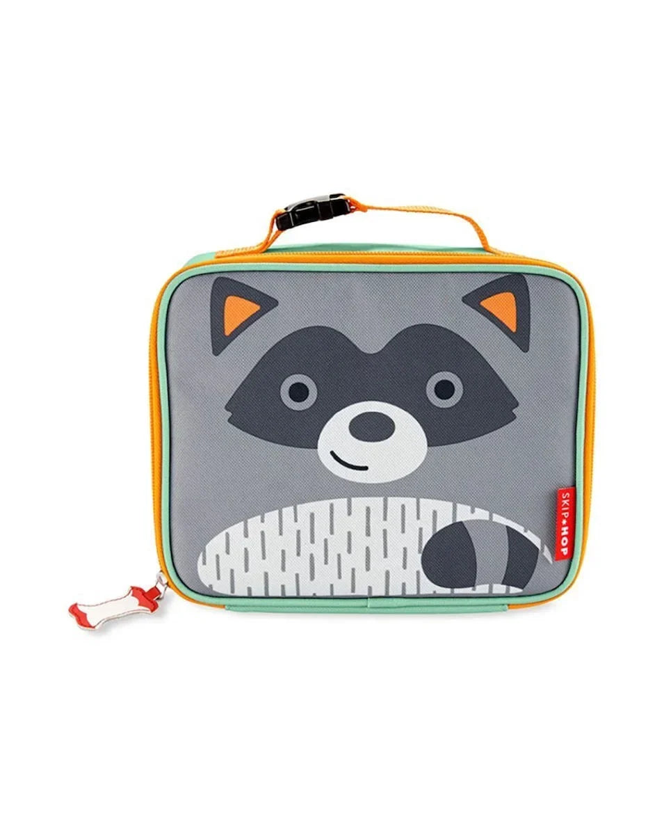 Gray raccoon animal lunch bag with orange trim, zip-top and carry handle