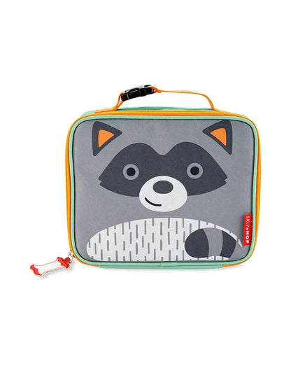Gray raccoon animal lunch bag with orange trim, zip-top and carry handle