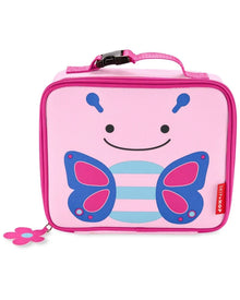 Pink animal-face lunch bag with butterfly wings graphic, zip top, carry handle.