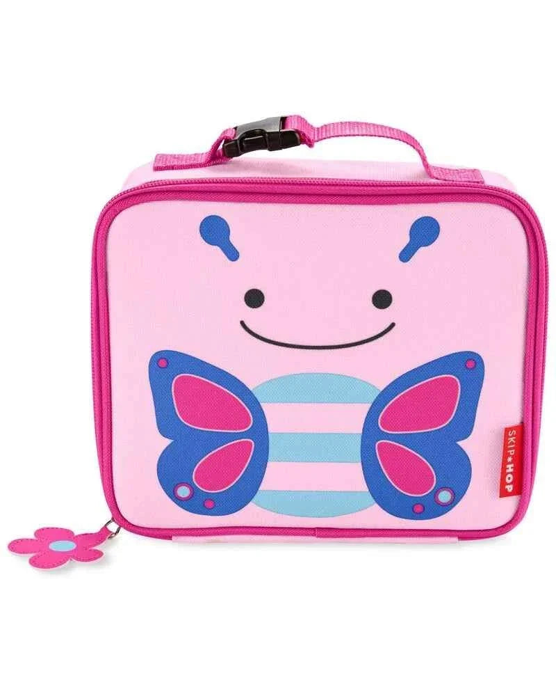 Pink kids lunch bag with cartoon butterfly face, zip-top and top handle.