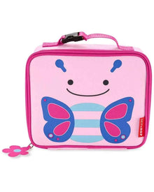 Pink kids lunch bag with cartoon butterfly face, zip-top and top handle.