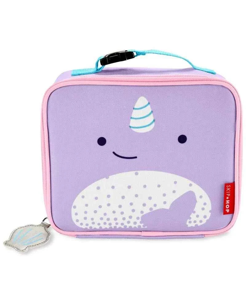 Purple kids lunch bag with narwhal illustration, zip-top and carry handle.