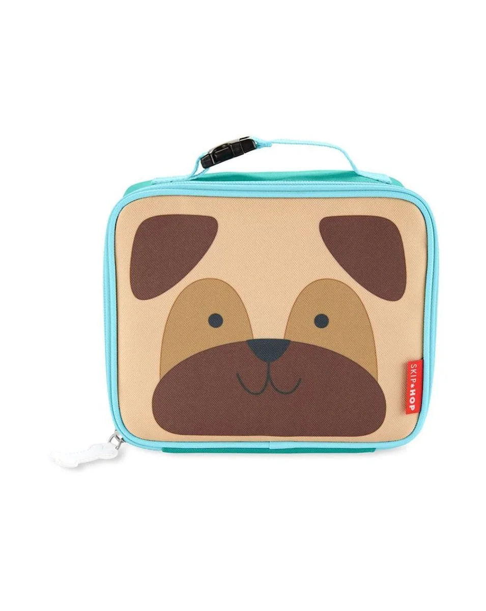Pug face lunch bag with light blue trim and rectangular box shape