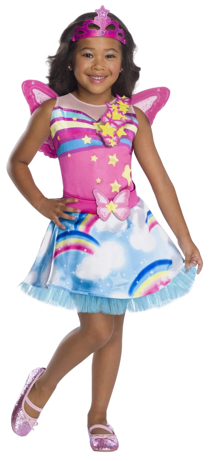 Girls fairy dress costume with rainbow skirt, star bodice, wings and crown