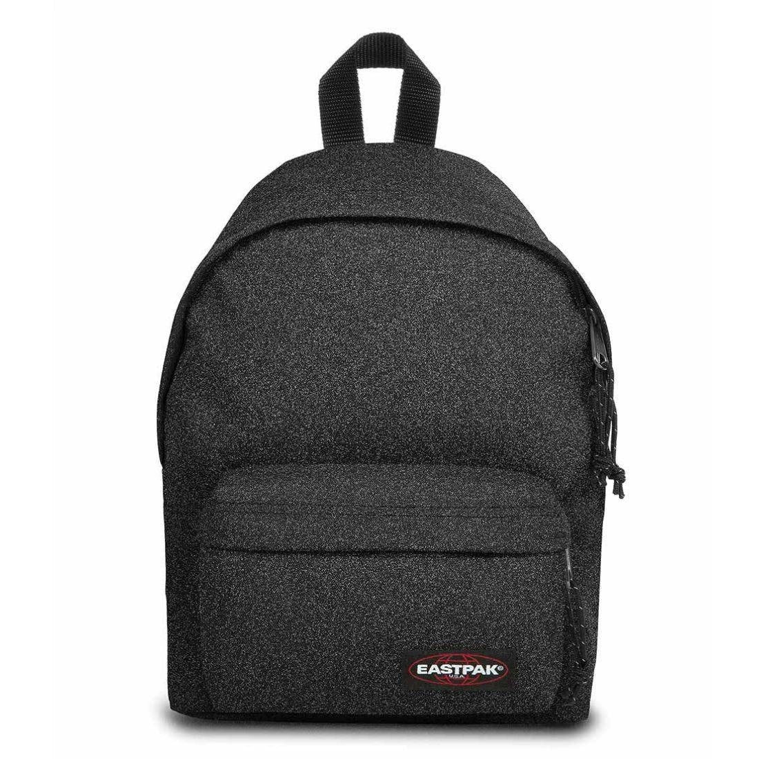 Eastpak Orbit mini backpack in black speckled fabric, top handle, front zip pocket.