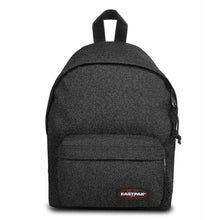 Eastpak Orbit mini backpack in black speckled fabric, top handle, front zip pocket.