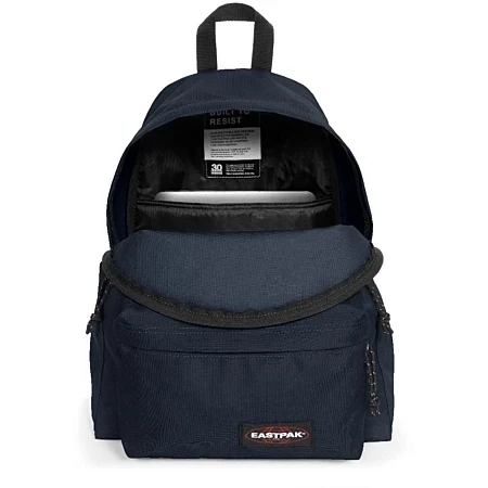 Navy backpack with top handle and open front compartment with inner divider