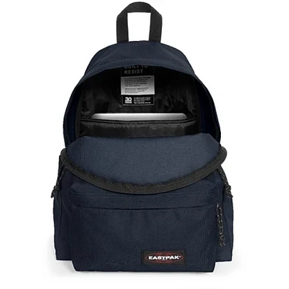 Navy backpack with top handle and open front compartment with inner divider