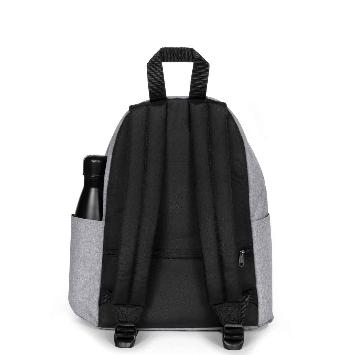 Black mini backpack with grey side panels, padded straps, and bottle pocket