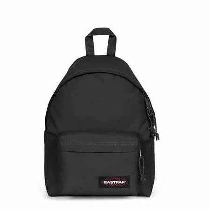 Black mini backpack with front zip pocket and logo patch