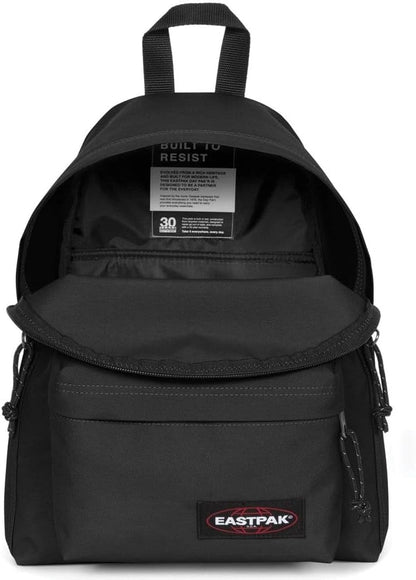 Eastpak black backpack interior view with built-in label and top handle