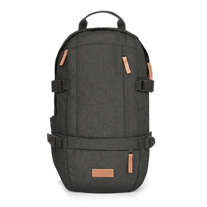 Eastpak Floid black denim backpack with top handle, front pocket, and tan trim